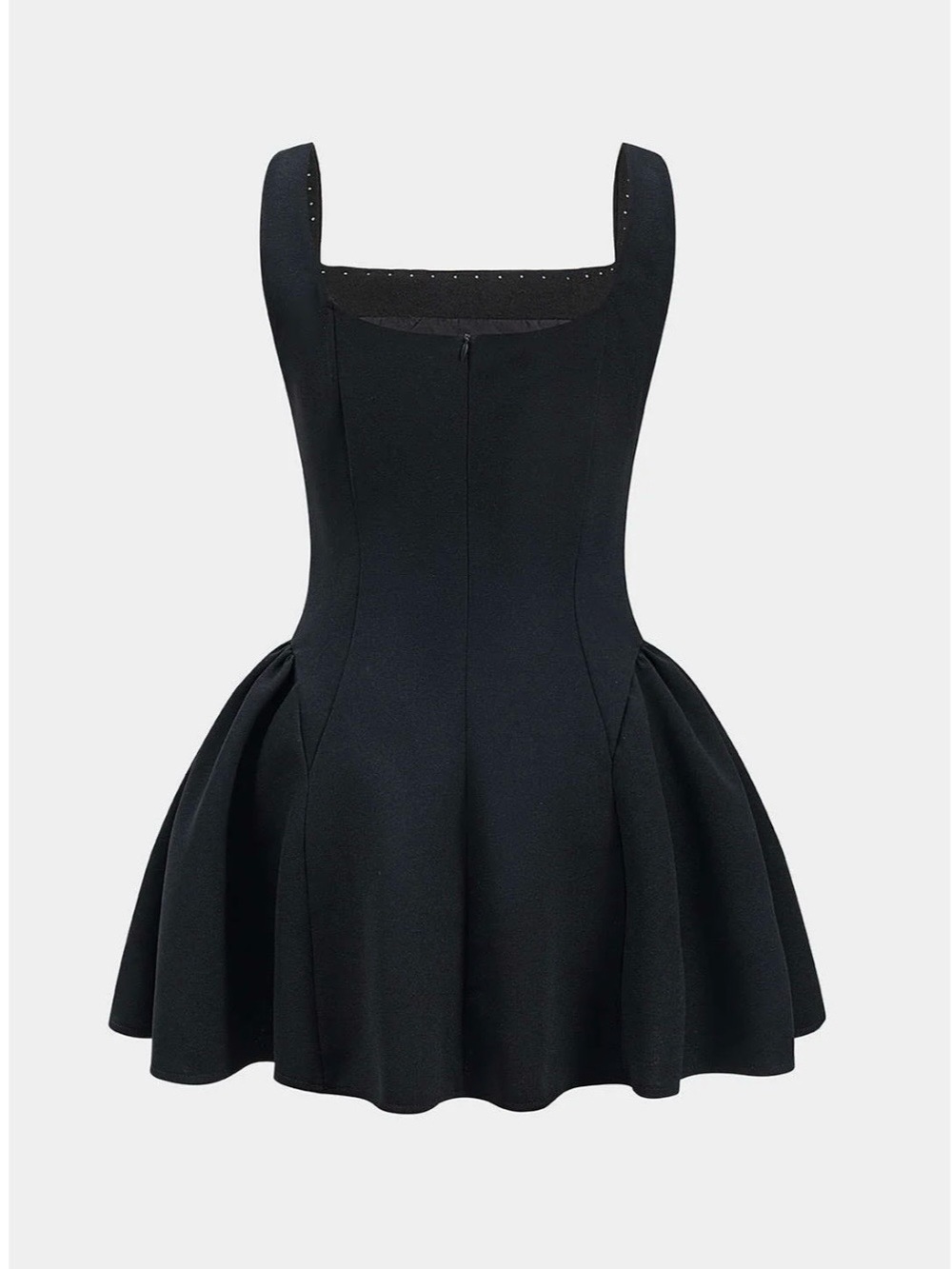 Pearl Ruched Zipper Mini Dress -Black Pearl-Trim Square Neck Mini Dress - Picture 2 of 7